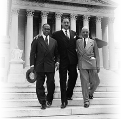 Thurgood Marshall and students on steps of the Supreme Court